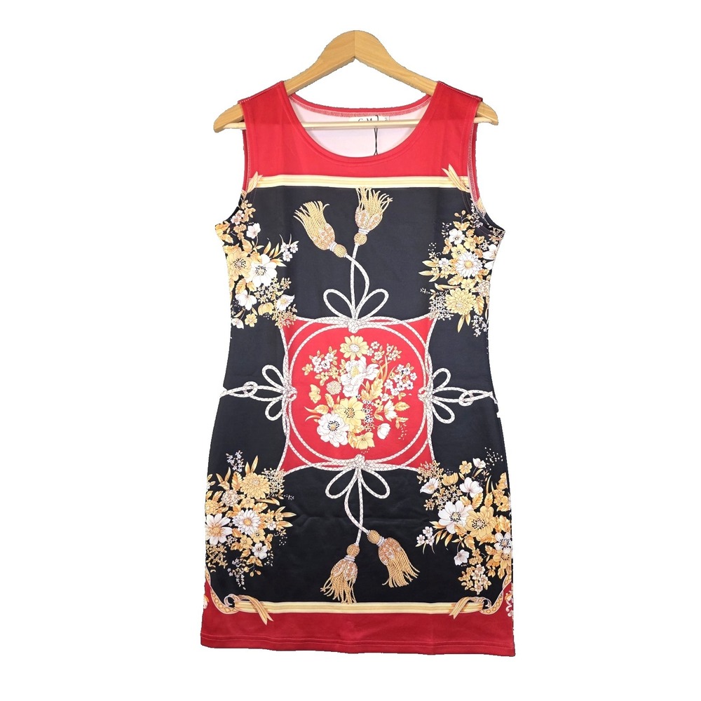 NWT GM Fashion USA Scarf Print Tassel Floral Sleeveless‎ Shift Mini Dress S/M
